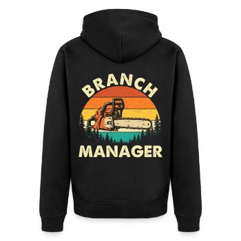 Filialleiter – Baumpfleger, Baumarzt, Kettensäge, - Unisex Premium Bio Zip Hoodie - Schwarz - Hinten - Nico (187cm)