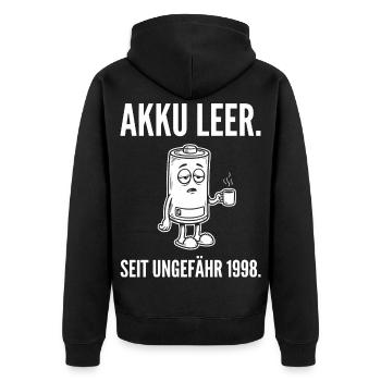 Akku leer. Seit ungefähr 1998. - Müde Batterie - Unisex Premium Bio Zip Hoodie - Schwarz - Hinten - Nico (187cm)