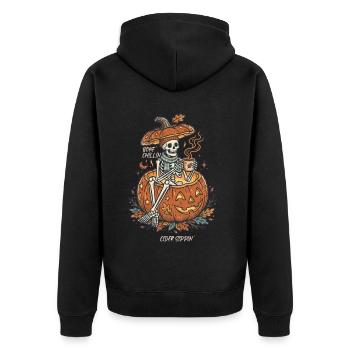 Gemütliches Halloween-Skelett im Kürbis - Unisex Premium Bio Zip Hoodie - Schwarz - Hinten - Nico (187cm)