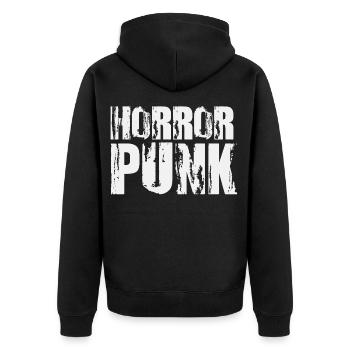 Horror Punk Stressed Text - Unisex Premium Bio Zip Hoodie - Schwarz - Hinten - Nico (187cm)