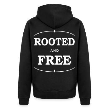 Verwurzeltes und kostenloses Vintage-Abzeichendesign - Unisex Premium Bio Zip Hoodie - Schwarz - Hinten - Nico (187cm)
