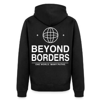 Jenseits der Grenzen Globus - Unisex Premium Bio Zip Hoodie - Schwarz - Hinten - Nico (187cm)