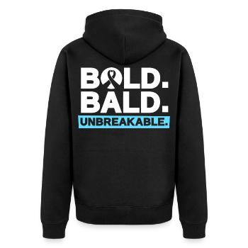 Glatze mit Mut - Unzerbrechlich stark - Unisex Premium Bio Zip Hoodie - Schwarz - Hinten - Nico (187cm)