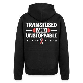 Aplastische Anämie Power - Transfundiert & Stark - Unisex Premium Bio Zip Hoodie - Schwarz - Hinten - Nico (187cm)