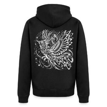 Mystischer Phönix Lineart – Kosmischer Vogel  - Unisex Premium Bio Zip Hoodie - Schwarz - Hinten - Nico (187cm)
