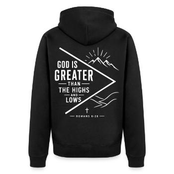 Römer 8,28 Christliches Bergentwurf - Unisex Premium Bio Zip Hoodie - Schwarz - Hinten - Nico (187cm)