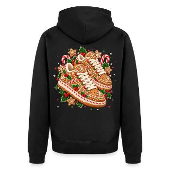 Weihnachtliche Lebkuchen-Sneaker mit Zuckerstangen - Unisex Premium Bio Zip Hoodie - Schwarz - Hinten - Nico (187cm)