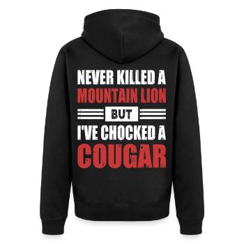 Never Killed A Mountain Lion But Chocked A Cougar - Unisex Premium Bio Zip Hoodie - Schwarz - Hinten - Nico (187cm)