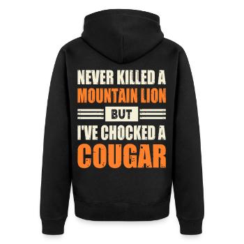 Never Killed A Mountain Lion But Chocked A Cougar - Unisex Premium Bio Zip Hoodie - Schwarz - Hinten - Nico (187cm)