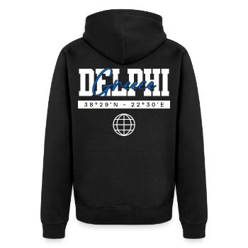 Delphi Griechenland Koordinaten Reise Souvenir - Unisex Premium Bio Zip Hoodie - Schwarz - Hinten - Nico (187cm)