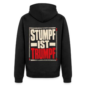Stumpf ist Trumpf Statement Shirt mit Zeitgeist - Unisex Premium Bio Zip Hoodie - Schwarz - Hinten - Nico (187cm)