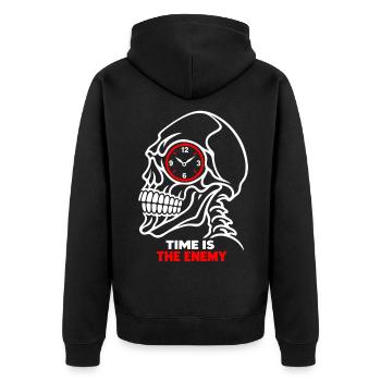 Totenkopfuhr – Zeit ist der Feind - Unisex Premium Bio Zip Hoodie - Schwarz - Hinten - Nico (187cm)