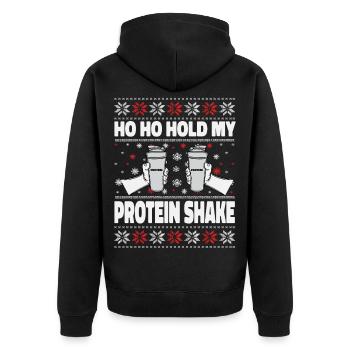 Ho Ho Hold My Protein Shake – Gym Weihnachten - Unisex Premium Bio Zip Hoodie - Schwarz - Hinten - Nico (187cm)