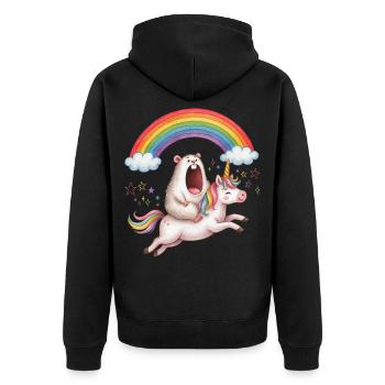 Schreiender Hamster reitet Einhorn Regenbogen - Unisex Premium Bio Zip Hoodie - Schwarz - Hinten - Nico (187cm)