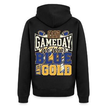 Am Spieltag tragen wir Blau und Gold – Football-Fan - Unisex Premium Bio Zip Hoodie - Schwarz - Hinten - Nico (187cm)