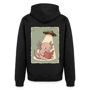 Vintage Japanese Axolotl Buchliebhaber UFO Alien - Unisex Premium Bio Zip Hoodie - Schwarz - Hinten - Nico (187cm)