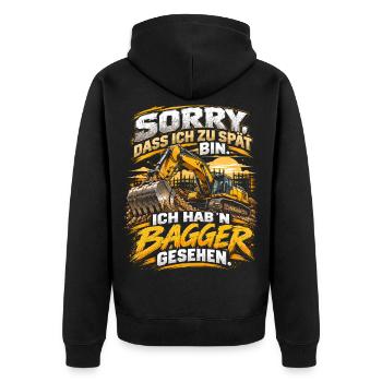 Zu spät? Bagger-Story mit Humor - Unisex Premium Bio Zip Hoodie - Schwarz - Hinten - Nico (187cm)