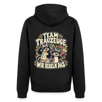 Team Trauzeuge – Wir regeln das – JGA Waschbär - Unisex Premium Bio Zip Hoodie - Schwarz - Hinten - Nico (187cm)