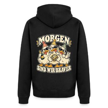 Morgen sind wir braver – Enten JGA Party - Unisex Premium Bio Zip Hoodie - Schwarz - Hinten - Nico (187cm)