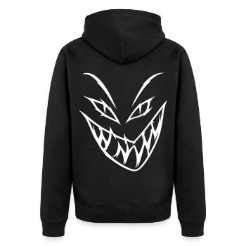 Dämonisches Grinsen – Unheimliche Horrorfratze - Unisex Premium Bio Zip Hoodie - Schwarz - Hinten - Nico (187cm)