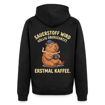Lustiges Kaffee T-Shirt mit Capybara & Brille - Unisex Premium Bio Zip Hoodie - Schwarz - Hinten - Nico (187cm)