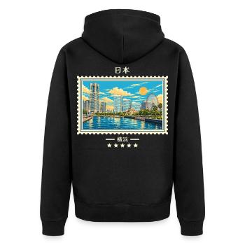 Japan Yokohama Vintage Reisemarke - Unisex Premium Bio Zip Hoodie - Schwarz - Hinten - Nico (187cm)