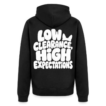 Hundehumor – Low Clearance High Expectations - Unisex Premium Bio Zip Hoodie - Schwarz - Hinten - Nico (187cm)