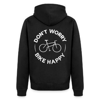 Don't Worry Bike Happy – Lustiger Fahrradspruch - Unisex Premium Bio Zip Hoodie - Schwarz - Hinten - Nico (187cm)
