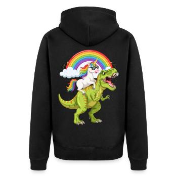 Einhorn reitet auf T-Rex unter Regenbogen - Unisex Premium Bio Zip Hoodie - Schwarz - Hinten - Nico (187cm)