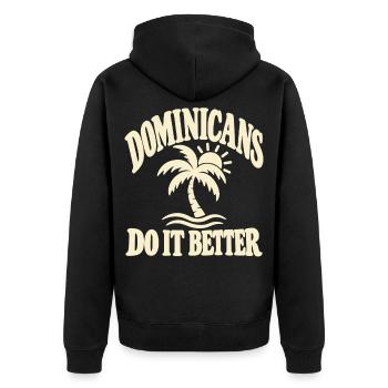 Karibik Flair mit Palme und Sonne - Unisex Premium Bio Zip Hoodie - Schwarz - Hinten - Nico (187cm)