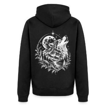 Heulender Wolf Vollmond Wald Natur Vintage - Unisex Premium Bio Zip Hoodie - Schwarz - Hinten - Nico (187cm)