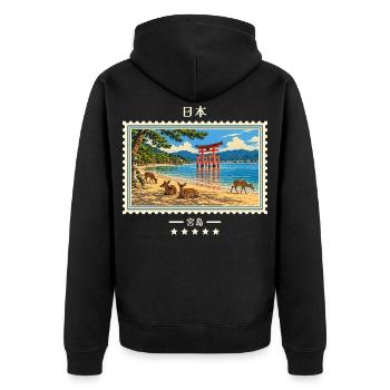 Japan Miyajima Vintage Reisemarke - Unisex Premium Bio Zip Hoodie - Schwarz - Hinten - Nico (187cm)