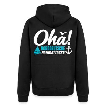 Oha! Norddeutsche Panikattacke – Küstenhumor - Unisex Premium Bio Zip Hoodie - Schwarz - Hinten - Nico (187cm)