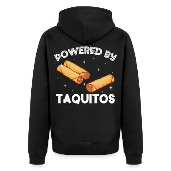 Powered by Taquitos - Unisex Premium Bio Zip Hoodie - Schwarz - Hinten - Nico (187cm)