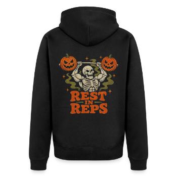 Halloween Skelett Bodybuilding Gym Rest_in_Reps - Unisex Premium Bio Zip Hoodie - Schwarz - Hinten - Nico (187cm)