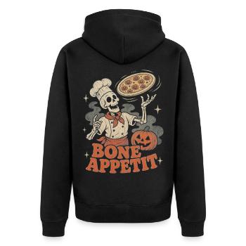 Halloween Skelett Pizza Koch Retro - Unisex Premium Bio Zip Hoodie - Schwarz - Hinten - Nico (187cm)