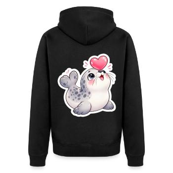 Herzige Robbe mit Ballonherz - Unisex Premium Bio Zip Hoodie - Schwarz - Hinten - Nico (187cm)