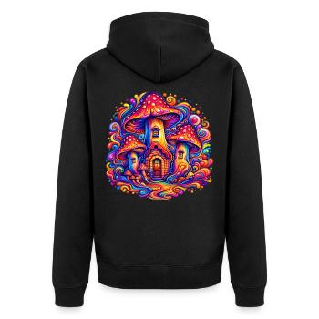 Psychedelisches Pilzhaus – Magische Fantasy Welt - Unisex Premium Bio Zip Hoodie - Schwarz - Hinten - Nico (187cm)