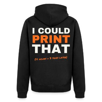 Ich könnte das drucken - Unisex Premium Bio Zip Hoodie - Schwarz - Hinten - Nico (187cm)