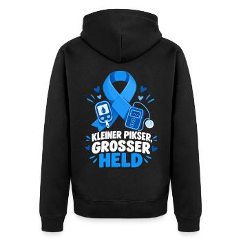 Kleiner Pikser, großer Held – Diabetes Mutmacher - Unisex Premium Bio Zip Hoodie - Schwarz - Hinten - Nico (187cm)