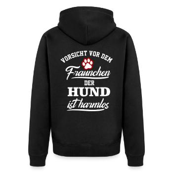 Vorsicht vor dem Frauchen Hund ist harmlos - Unisex Premium Bio Zip Hoodie - Schwarz - Hinten - Nico (187cm)