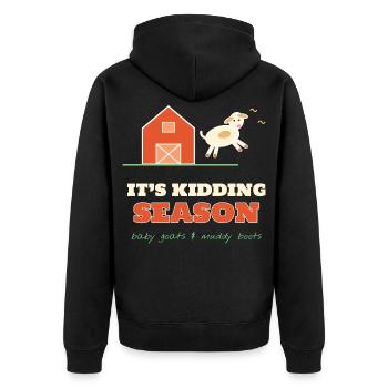 Es ist Spaß-Saison: Lustiger Ziegenbauernhof. - Unisex Premium Bio Zip Hoodie - Schwarz - Hinten - Nico (187cm)