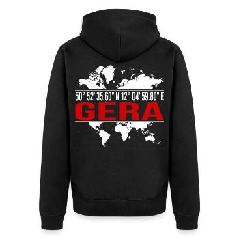 Gera - Unisex Premium Bio Zip Hoodie - Schwarz - Hinten - Nico (187cm)