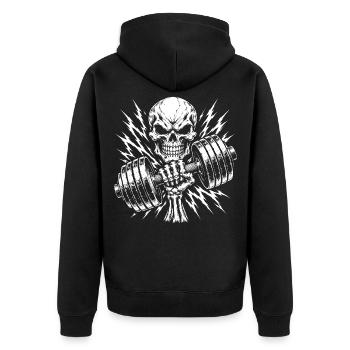 Schädelkraft: Schädel mit Hanteln - Unisex Premium Bio Zip Hoodie - Schwarz - Hinten - Nico (187cm)