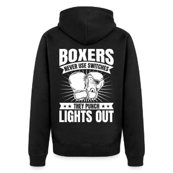 Boxers Never Use Switches Boxing Gloves - Unisex Premium Bio Zip Hoodie - Schwarz - Hinten - Nico (187cm)