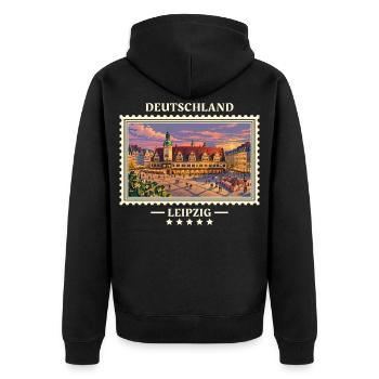 Deutschland Leipzig Vintage Reisemarke - Unisex Premium Bio Zip Hoodie - Schwarz - Hinten - Nico (187cm)