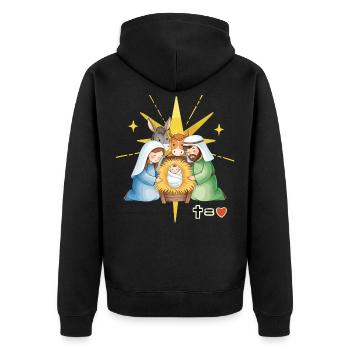 Krippe: Heiliges Familienkreuz bedeutet Liebe - Unisex Premium Bio Zip Hoodie - Schwarz - Hinten - Nico (187cm)