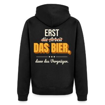 Erst das Bier – lustiger Bier Spruch - Unisex Premium Bio Zip Hoodie - Schwarz - Hinten - Nico (187cm)