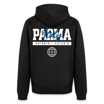 Parma Italien Koordinaten Reise Souvenir - Unisex Premium Bio Zip Hoodie - Schwarz - Hinten - Nico (187cm)