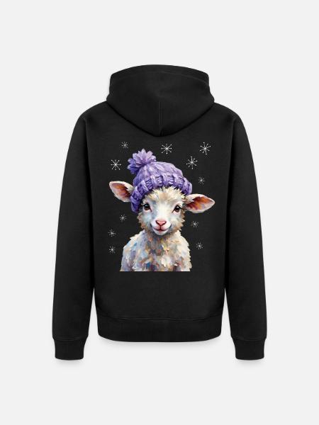 Süßes Lamm mit violetter Strickmütze - Unisex Premium Bio Zip Hoodie - Schwarz